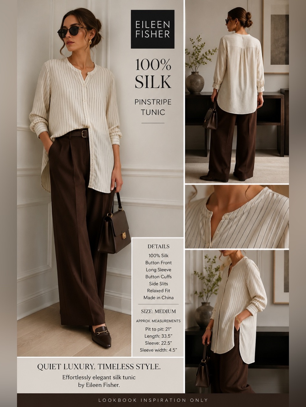 Eileen Fisher 100% Silk Pinstripe Tunic Blouse M Ivory